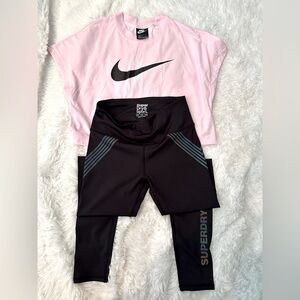 Nike Pink Crop Top and Superdry Black Leggings Set